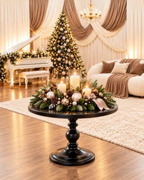 Decorul Crăciunul elegant: masă cu lumânări, pian alb, brad și canapea crem